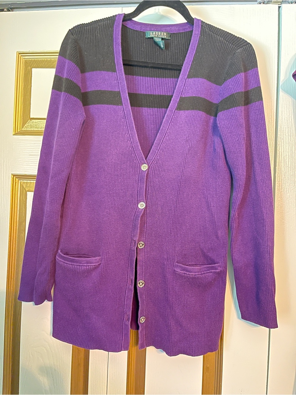 Ralph Lauren Purple and Black Striped V-Neck Cardigan